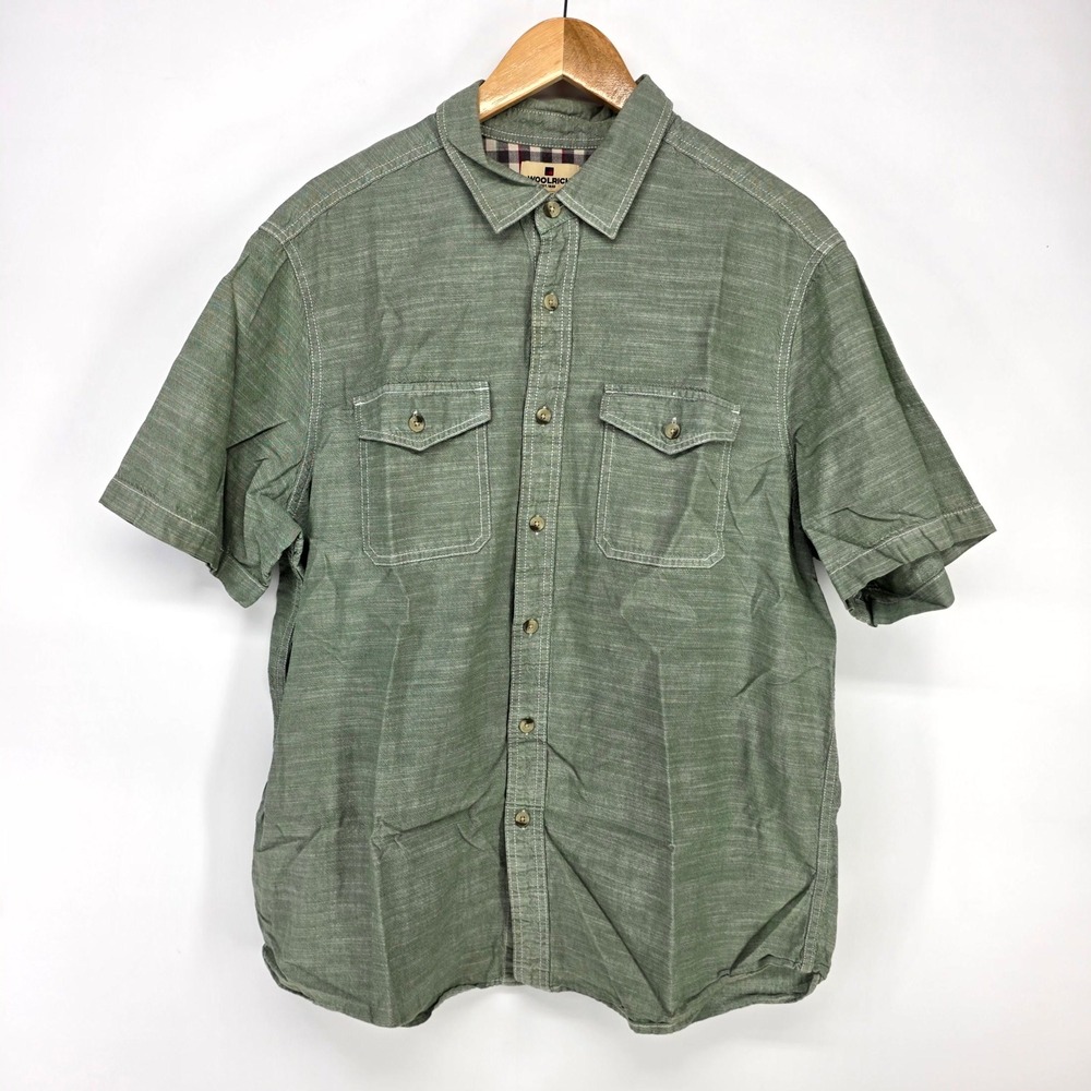 Woolrich Shirt Mens XL Green Short Sleeve Button Down Dual Pocket Hiking Utility